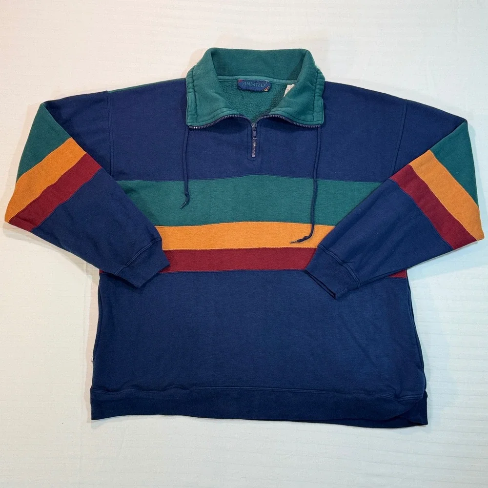 Award Vintage Colorblock Quarter Zip Sweatshirt 90s Striped Fleece Pullover L